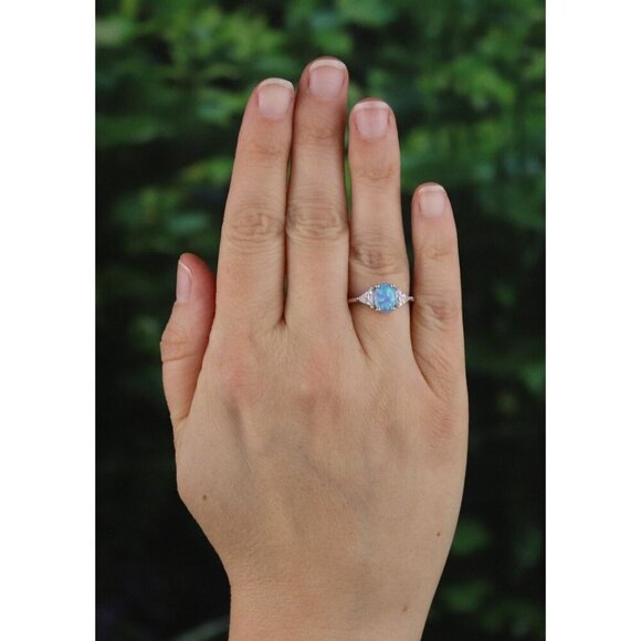 Sterling Silver Blue Opal and Cubic Zirconia Ring Size 6 1/4 - Picture 2 of 8